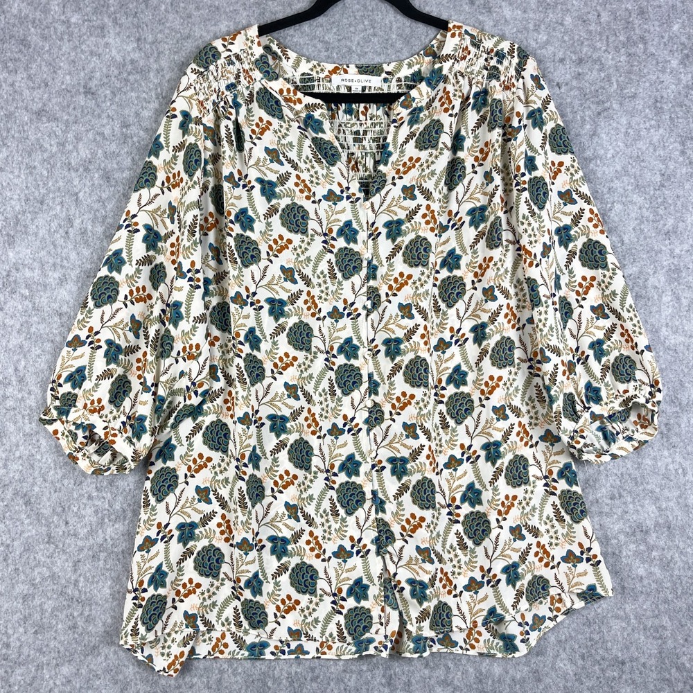 Rose + Olive Floral Top Womens 1X Floral Smocked 3/4 Sleeve Lightweight Boho